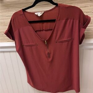 Sweet Wanderer Rust Cuff Short Sleeve 1/4 Zip Front Faux Slit Pockets Grommets